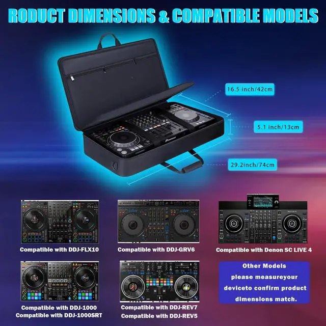 Alt view image 2 of 7 - DJ Controller Case Bag Compatible with DDJ-FLX10/ 1000/ 1000SRT/ DDJ-GRV6/ REV5/ REV7, Padding Gig Bag with Adjustable Shouldder Strap, DJ Backpack with Multi- Pockets for Gear (Blue, without wheels)