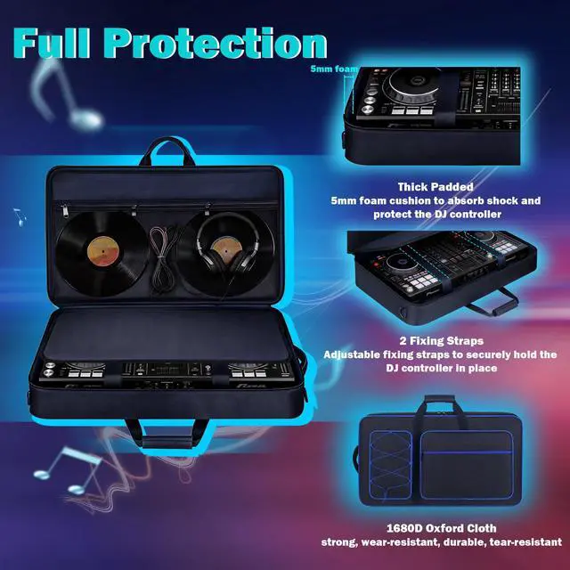 Alt view image 3 of 7 - DJ Controller Case Bag Compatible with DDJ-FLX10/ 1000/ 1000SRT/ DDJ-GRV6/ REV5/ REV7, Padding Gig Bag with Adjustable Shouldder Strap, DJ Backpack with Multi- Pockets for Gear (Blue, without wheels)