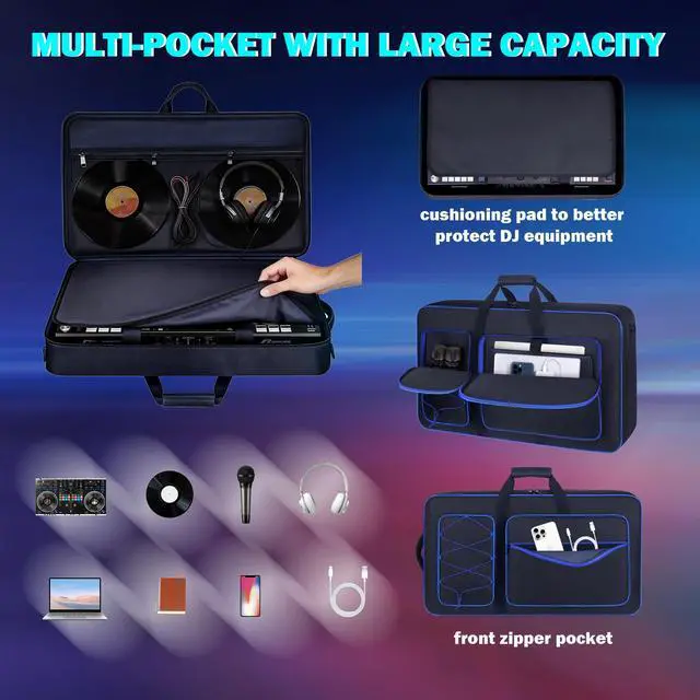 Alt view image 4 of 7 - DJ Controller Case Bag Compatible with DDJ-FLX10/ 1000/ 1000SRT/ DDJ-GRV6/ REV5/ REV7, Padding Gig Bag with Adjustable Shouldder Strap, DJ Backpack with Multi- Pockets for Gear (Blue, without wheels)