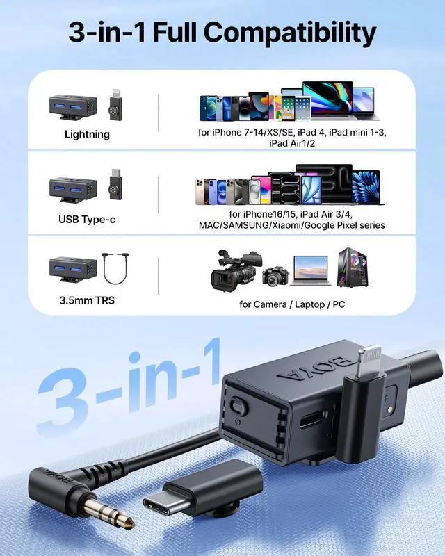 Alt view image 5 of 7 - LINK 3 Wireless Lavalier Microphone for iPhone/Android/Camera/PC/Tablets,AI Noise Cancellation,48kHz/24Bit Studio Sound,APP Control,984ft 30h Battery with Charging Case for Vlogging Interview