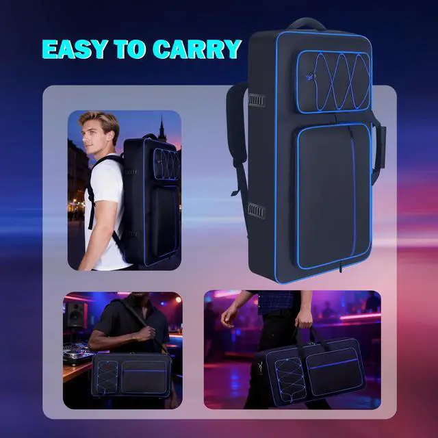 Alt view image 7 of 7 - DJ Controller Case Bag Compatible with DDJ-FLX10/ 1000/ 1000SRT/ DDJ-GRV6/ REV5/ REV7, Padding Gig Bag with Adjustable Shouldder Strap, DJ Backpack with Multi- Pockets for Gear (Blue, without wheels)