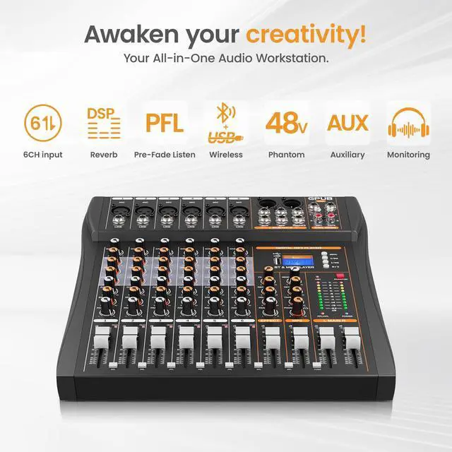 Alt view image 2 of 7 - GP60 6 Channel Audio Mixer, Bluetooth 5.0 and USB Input, 24 Bit Dsp | 24 Bit Dsp Effects, Bluetooth 5.0 & USB Input, +48V Phantom Power, 3 Band EQ, PFL Monitor, Streaming, Podcast, Studio, Church