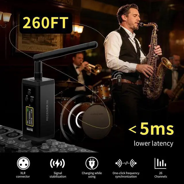 Alt view image 3 of 7 - Saxophone Wireless Microphone System for Clarinet, Brass Instrument | UHF, 260FT Range, 360° Rotatable Clip-on Mic, XLR Adapter, Low Latency Transmitter & Receiver, F40S