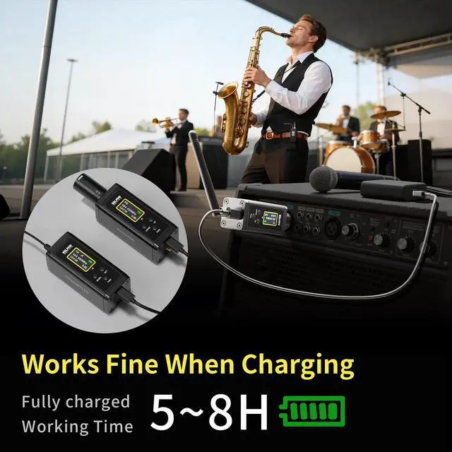 Alt view image 5 of 7 - Saxophone Wireless Microphone System for Clarinet, Brass Instrument | UHF, 260FT Range, 360° Rotatable Clip-on Mic, XLR Adapter, Low Latency Transmitter & Receiver, F40S