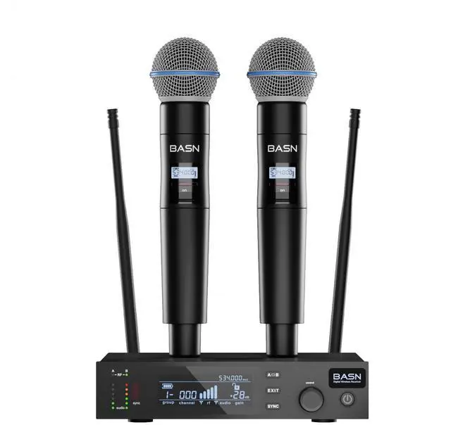 Main image of BASN UHF Dual Channel Handheld Wireless Microphone System (Black) | Metal Handheld Mics for Stage, Karaoke, Weddings, DJ, and Events