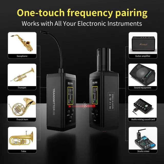 Alt view image 4 of 7 - Saxophone Wireless Microphone System for Clarinet, Brass Instrument | UHF, 260FT Range, 360° Rotatable Clip-on Mic, XLR Adapter, Low Latency Transmitter & Receiver, F40S