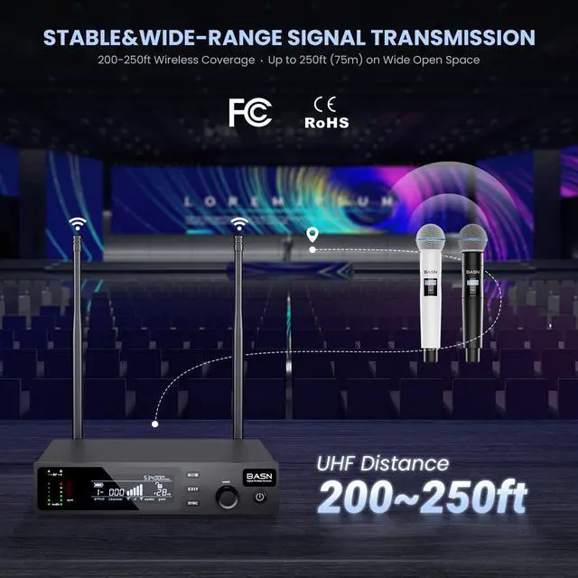 Alt view image 7 of 7 - BASN UHF Dual Channel Handheld Wireless Microphone System (Black & White) | Metal Handheld Mics for Stage, Karaoke, Weddings, DJ, and Events