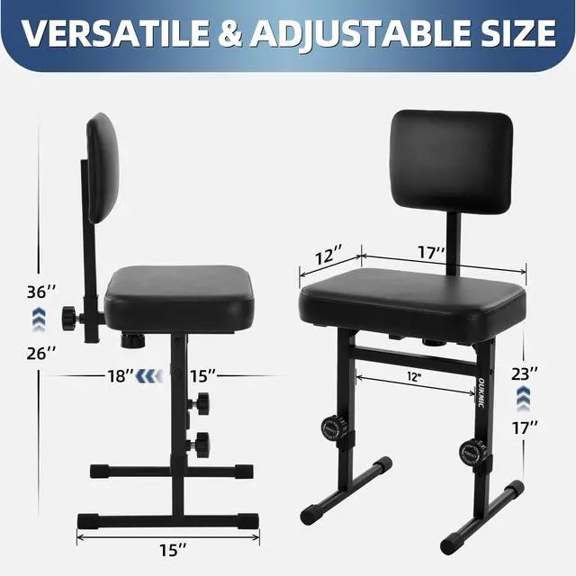 Alt view image 2 of 7 - Adjustable Height Piano Bench with Backrest & Padded Cushion | Comfortable Piano Seat, Music Keyboard Bench Seat for Keyboard Stand, Musicians, Adults & Children,Black