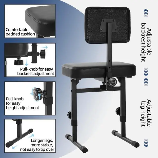 Alt view image 5 of 7 - Adjustable Height Piano Bench with Backrest & Padded Cushion | Comfortable Piano Seat, Music Keyboard Bench Seat for Keyboard Stand, Musicians, Adults & Children,Black