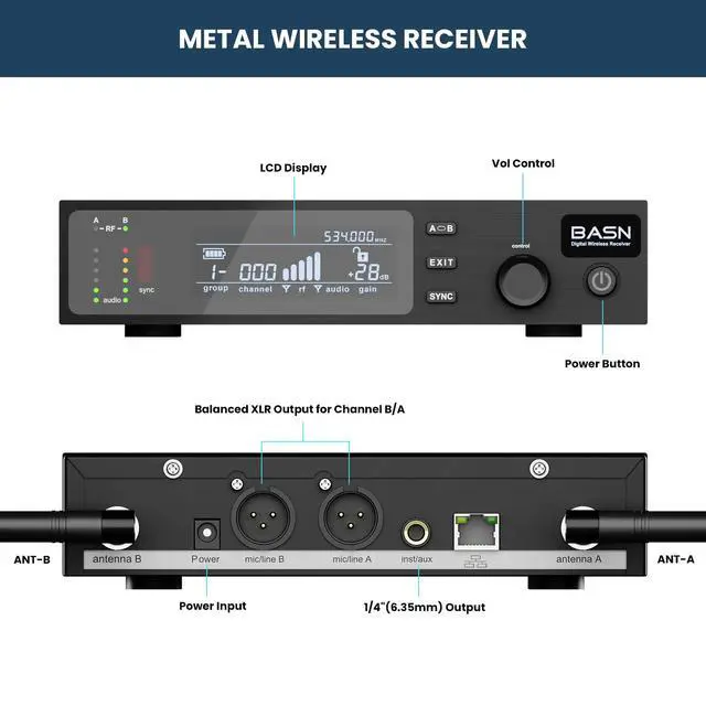 Alt view image 5 of 7 - BASN UHF Dual Channel Handheld Wireless Microphone System (Black & White) | Metal Handheld Mics for Stage, Karaoke, Weddings, DJ, and Events