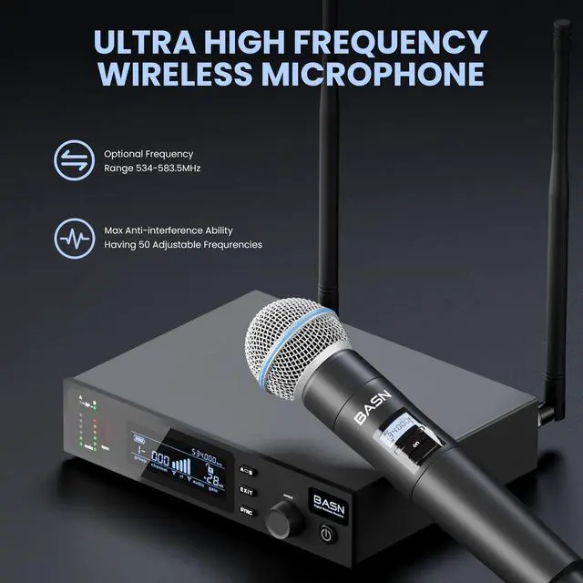 Alt view image 2 of 7 - BASN UHF Dual Channel Handheld Wireless Microphone System (Black & White) | Metal Handheld Mics for Stage, Karaoke, Weddings, DJ, and Events