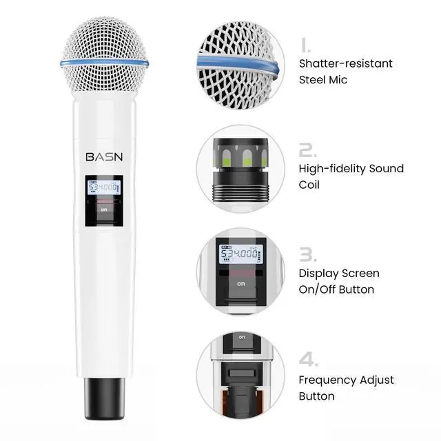 Alt view image 4 of 7 - BASN UHF Dual Channel Handheld Wireless Microphone System (Black & White) | Metal Handheld Mics for Stage, Karaoke, Weddings, DJ, and Events