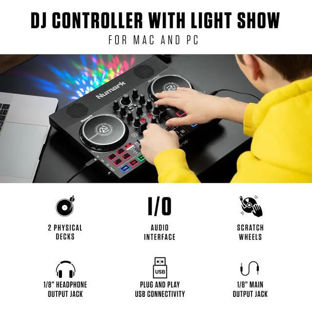Alt view image 2 of 7 - Party Mix Live DJ Controller with Built-in Lights and Speakers | 2-Deck, DJ Mixer, Touch-Capacitive Wheels, Integrated Audio Interface, and Serato DJ Lite