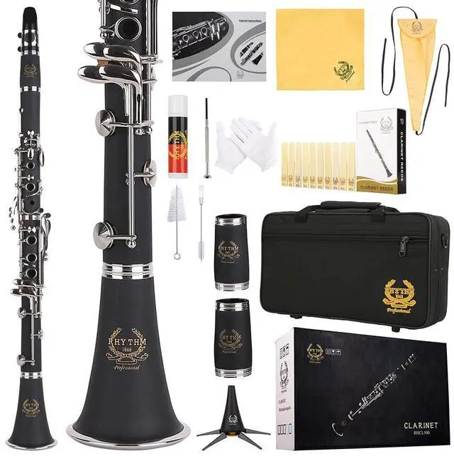 Main image of Bb Clarinet 17 Nickel Keys Woodwind Band & Orchestra Musical Instruments for Beginners Includes Case, Stand, 10 Reeds and Cleaning Kit-Black/Silver keys