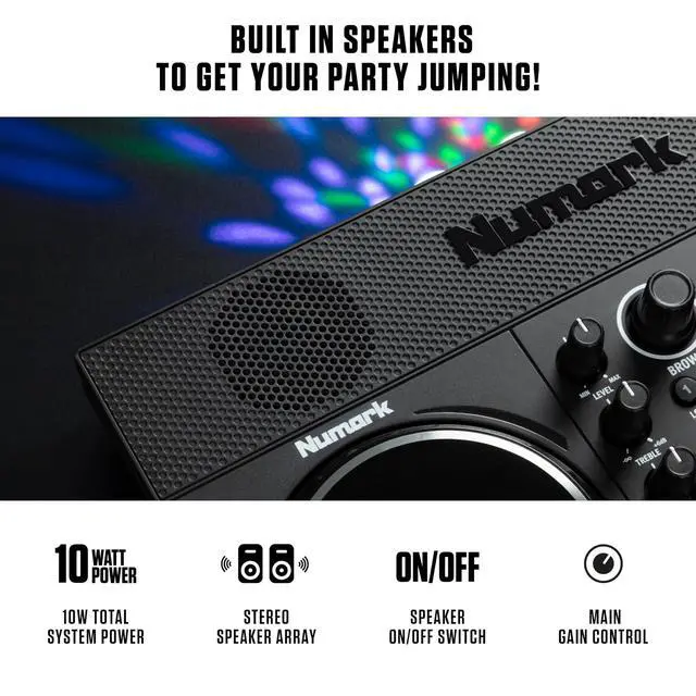 Alt view image 3 of 7 - Party Mix Live DJ Controller with Built-in Lights and Speakers | 2-Deck, DJ Mixer, Touch-Capacitive Wheels, Integrated Audio Interface, and Serato DJ Lite