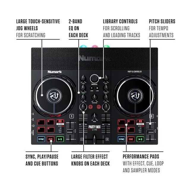 Alt view image 5 of 7 - Party Mix Live DJ Controller with Built-in Lights and Speakers | 2-Deck, DJ Mixer, Touch-Capacitive Wheels, Integrated Audio Interface, and Serato DJ Lite