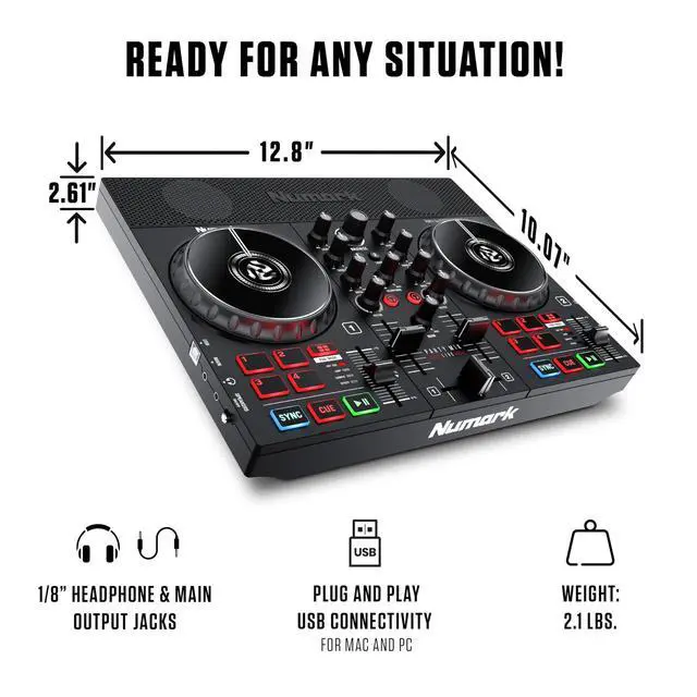 Alt view image 6 of 7 - Party Mix Live DJ Controller with Built-in Lights and Speakers | 2-Deck, DJ Mixer, Touch-Capacitive Wheels, Integrated Audio Interface, and Serato DJ Lite