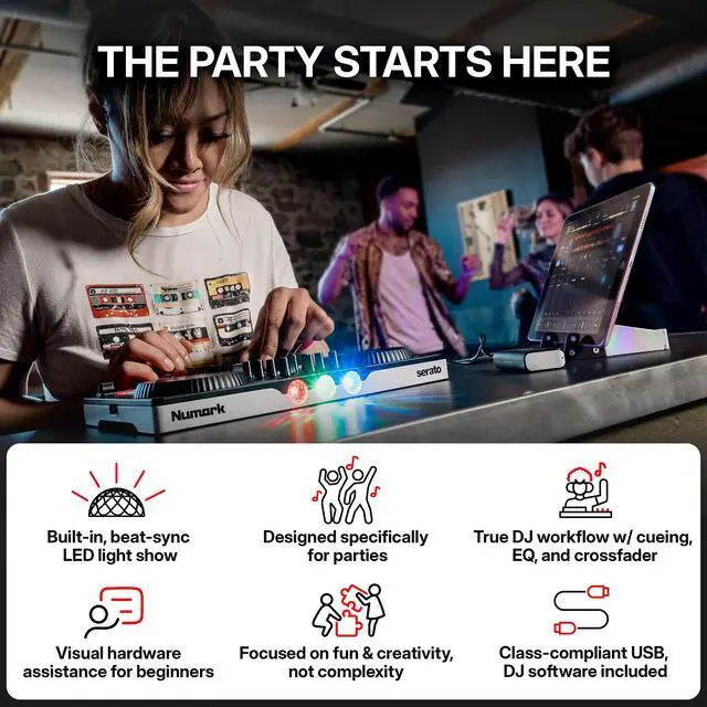 Alt view image 2 of 7 - Party Mix III Bluetooth DJ Controller with Built-in Lights | Beat Assist, Smart Fader, 16 Pads, 2 Deck DJ Mixer, Stems Control, USB-C, Serato DJ Lite and Algoriddim djay Included