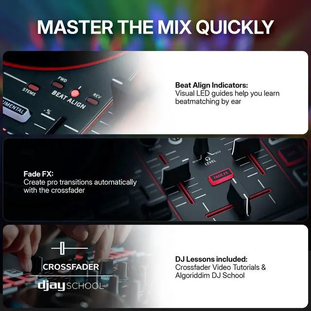 Alt view image 3 of 7 - Party Mix III Bluetooth DJ Controller with Built-in Lights | Beat Assist, Smart Fader, 16 Pads, 2 Deck DJ Mixer, Stems Control, USB-C, Serato DJ Lite and Algoriddim djay Included