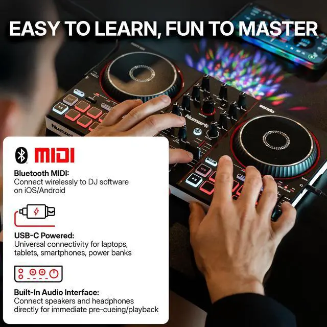 Alt view image 4 of 7 - Party Mix III Bluetooth DJ Controller with Built-in Lights | Beat Assist, Smart Fader, 16 Pads, 2 Deck DJ Mixer, Stems Control, USB-C, Serato DJ Lite and Algoriddim djay Included