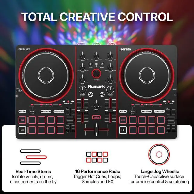 Alt view image 5 of 7 - Party Mix III Bluetooth DJ Controller with Built-in Lights | Beat Assist, Smart Fader, 16 Pads, 2 Deck DJ Mixer, Stems Control, USB-C, Serato DJ Lite and Algoriddim djay Included