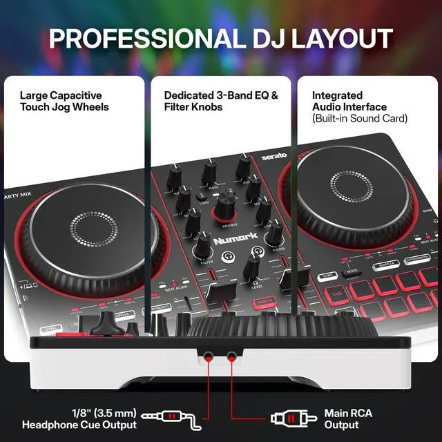 Alt view image 7 of 7 - Party Mix III Bluetooth DJ Controller with Built-in Lights | Beat Assist, Smart Fader, 16 Pads, 2 Deck DJ Mixer, Stems Control, USB-C, Serato DJ Lite and Algoriddim djay Included