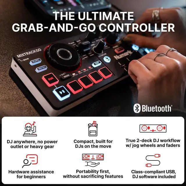 Alt view image 2 of 7 - MixTrack Go Compact Bluetooth DJ Controller with Stems Control | 2-Deck DJ Mixer, for Beginners & Mobile DJs, Smart Fader, USB-C, Serato DJ Lite & Algoriddim djay Included, Gen 4