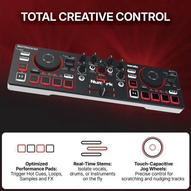 Alt view image 5 of 7 - MixTrack Go Compact Bluetooth DJ Controller with Stems Control | 2-Deck DJ Mixer, for Beginners & Mobile DJs, Smart Fader, USB-C, Serato DJ Lite & Algoriddim djay Included, Gen 4
