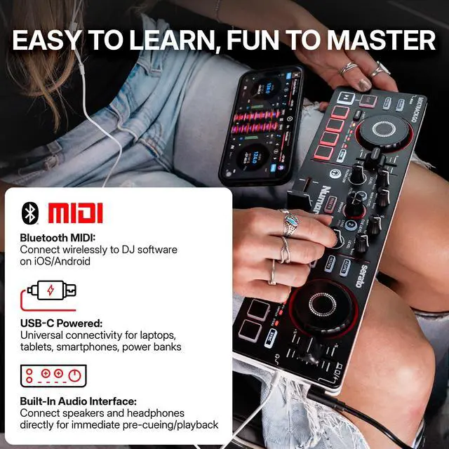 Alt view image 4 of 7 - MixTrack Go Compact Bluetooth DJ Controller with Stems Control | 2-Deck DJ Mixer, for Beginners & Mobile DJs, Smart Fader, USB-C, Serato DJ Lite & Algoriddim djay Included, Gen 4