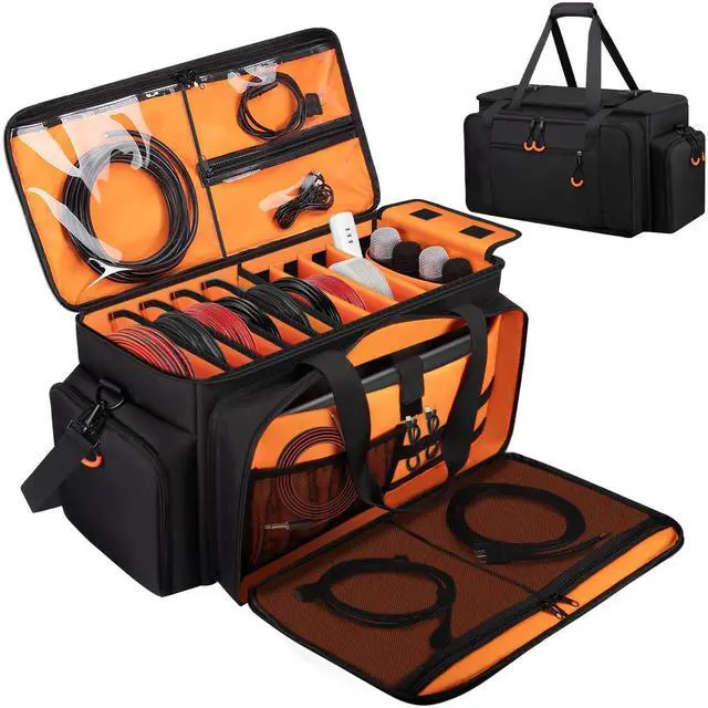 Main image of Large Dj Cable Bag with Detachable Dividers, Bottom Pad | Dj Bag for Equipment and Accessories with Laptop and Microphone Pocket, Dj Gig Bag for Musician, Professional, Travel, Orange