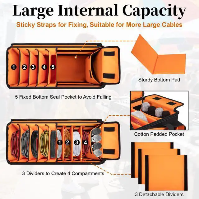 Alt view image 2 of 7 - Large Dj Cable Bag with Detachable Dividers, Bottom Pad | Dj Bag for Equipment and Accessories with Laptop and Microphone Pocket, Dj Gig Bag for Musician, Professional, Travel, Orange