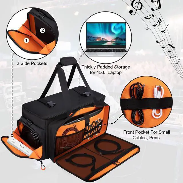 Alt view image 3 of 7 - Large Dj Cable Bag with Detachable Dividers, Bottom Pad | Dj Bag for Equipment and Accessories with Laptop and Microphone Pocket, Dj Gig Bag for Musician, Professional, Travel, Orange