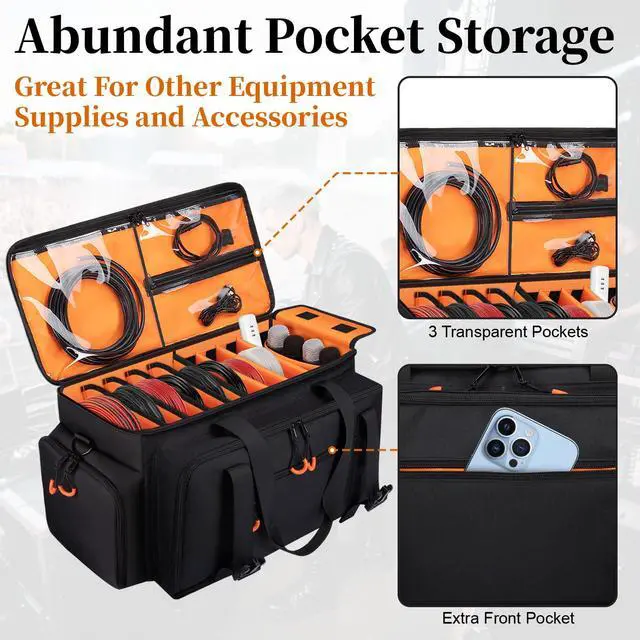 Alt view image 4 of 7 - Large Dj Cable Bag with Detachable Dividers, Bottom Pad | Dj Bag for Equipment and Accessories with Laptop and Microphone Pocket, Dj Gig Bag for Musician, Professional, Travel, Orange