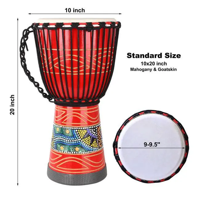 Alt view image 2 of 6 - Djembe Drum African Drum for Adults,10'' x 20'' Mahogany Goatskin Drumhead Hand Drums Gift for Beginner (Red)