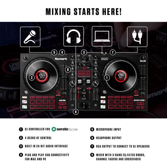 Alt view image 2 of 7 - Mixtrack Platinum FX Serato DJ Controller with Jog Wheel Displays, 4 Decks, Mixer, Effects Paddles and Audio Interface