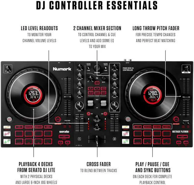 Alt view image 3 of 7 - Mixtrack Platinum FX Serato DJ Controller with Jog Wheel Displays, 4 Decks, Mixer, Effects Paddles and Audio Interface