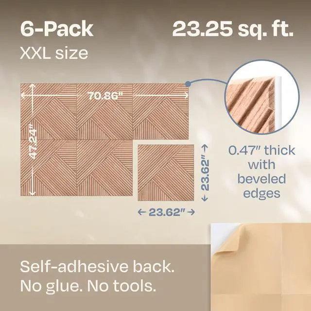 Alt view image 3 of 7 - XL Acoustic Wall Panels 6-Pack Decorative Acoustic Panels High Density Sound Absorbing Wall Art 70.86X47.24 Inches with Self-adhesive for Studio Home and Office - Oak Wood Finish