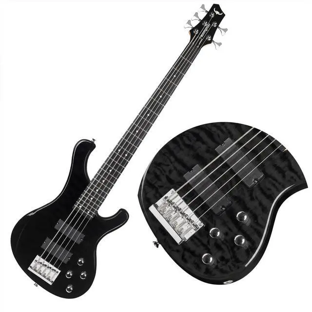 Main image of Electric Bass Guitar 5 Strings Full-Size Standard Solid Wood Electric Bass, Ripple Elm Wood Body, Flowing Water Wave Design, Each Guitar Has Unique Grain, A True Piece of Art DB120 (Black)