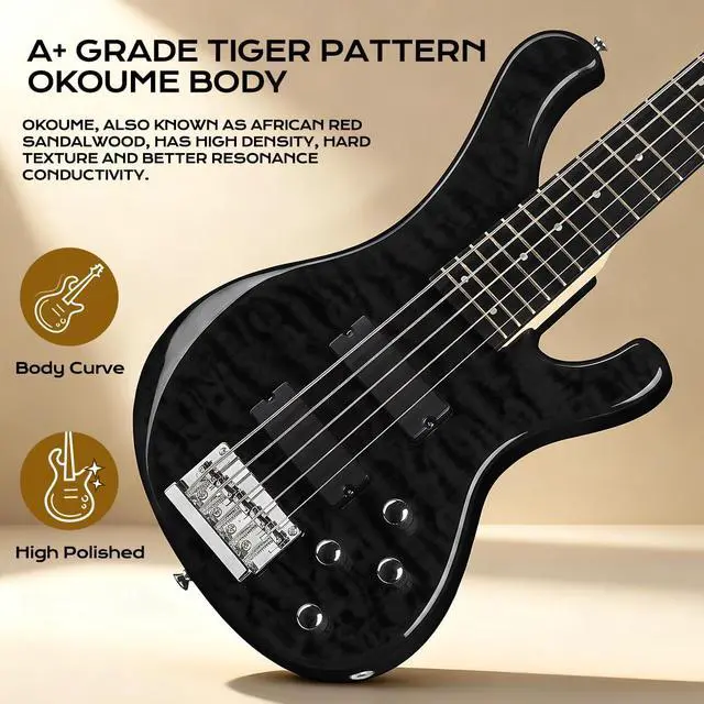 Alt view image 3 of 7 - Electric Bass Guitar 5 Strings Full-Size Standard Solid Wood Electric Bass, Ripple Elm Wood Body, Flowing Water Wave Design, Each Guitar Has Unique Grain, A True Piece of Art DB120 (Black)