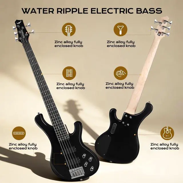 Alt view image 2 of 7 - Electric Bass Guitar 5 Strings Full-Size Standard Solid Wood Electric Bass, Ripple Elm Wood Body, Flowing Water Wave Design, Each Guitar Has Unique Grain, A True Piece of Art DB120 (Black)