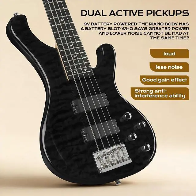 Alt view image 5 of 7 - Electric Bass Guitar 5 Strings Full-Size Standard Solid Wood Electric Bass, Ripple Elm Wood Body, Flowing Water Wave Design, Each Guitar Has Unique Grain, A True Piece of Art DB120 (Black)