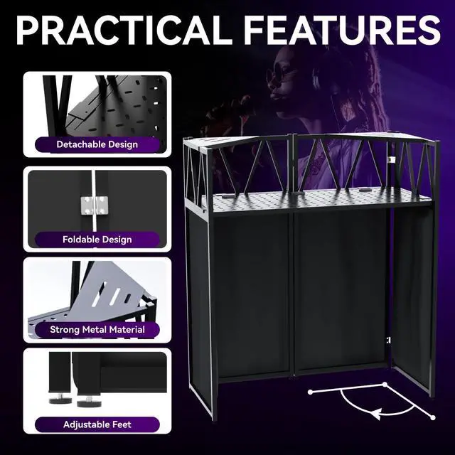 Alt view image 2 of 7 - DJ Table Stand Portable Booth, All-Metal Heavy-Duty Foldable DJ Stand, Iron Plate Surface DJ Facade Booth, with 8 Machine-Washable Scrims, Travel Bag