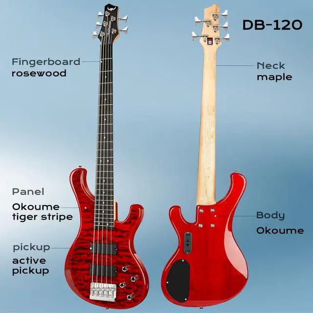 Alt view image 2 of 7 - Electric Bass Guitar 5 Strings Full-Size Standard Solid Wood Electric Bass, Ripple Elm Wood Body, Flowing Water Wave Design, Each Guitar Has Unique Grain, A True Piece of Art DB120