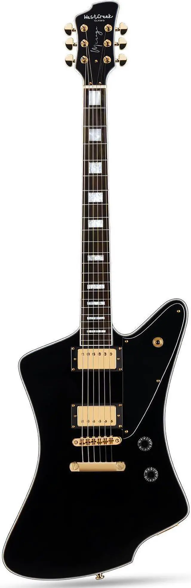 Main image of WestCreek Mirage Solid Body Electric Guitar, Mahogany Body, Maple Neck, Rosewood Fretboard, Rounded End Frets, Bone Nut (Glossy Obsidian Black)