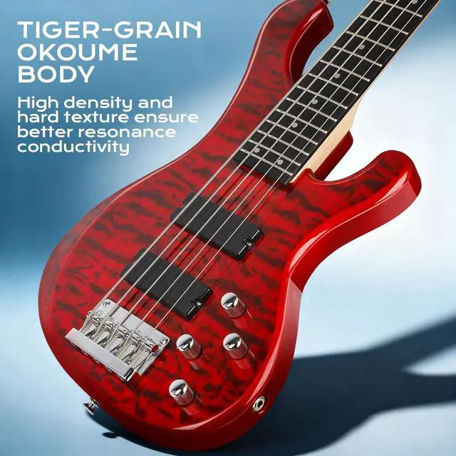 Alt view image 5 of 7 - Electric Bass Guitar 5 Strings Full-Size Standard Solid Wood Electric Bass, Ripple Elm Wood Body, Flowing Water Wave Design, Each Guitar Has Unique Grain, A True Piece of Art DB120