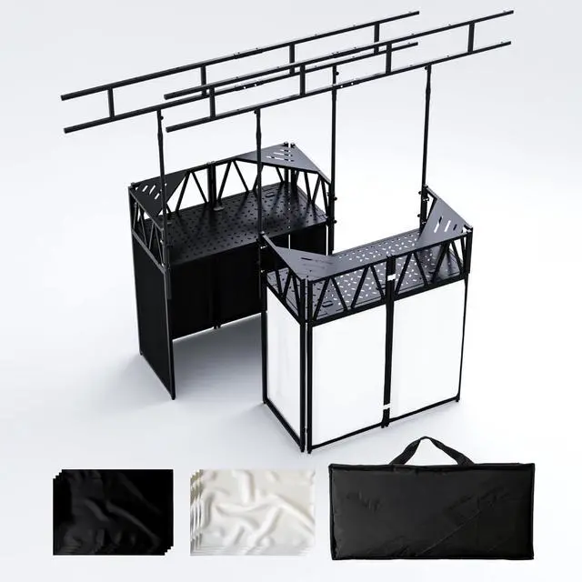 Main image of Portable DJ Booth,Foldable DJ Table Stand with Light Stand White & Black Scrim,Adjustable DJ Facade Booth Station Triangle Plate Metal Frame DJ Table with Cable Hole for Private Events, Clubs, Bars