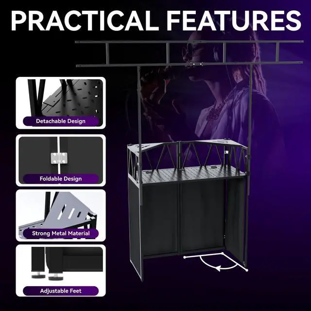 Alt view image 2 of 7 - Portable DJ Booth,Foldable DJ Table Stand with Light Stand White & Black Scrim,Adjustable DJ Facade Booth Station Triangle Plate Metal Frame DJ Table with Cable Hole for Private Events, Clubs, Bars