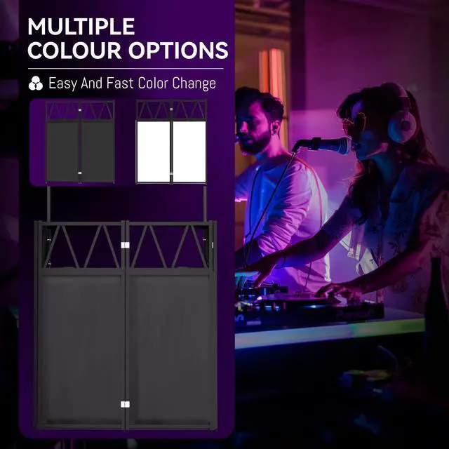 Alt view image 3 of 7 - Portable DJ Booth,Foldable DJ Table Stand with Light Stand White & Black Scrim,Adjustable DJ Facade Booth Station Triangle Plate Metal Frame DJ Table with Cable Hole for Private Events, Clubs, Bars
