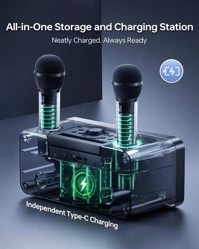 Alt view image 2 of 7 - 216 Bluetooth Karaoke Machine for Adult Kid with Storage and Charging Station, Powerful Karaoke System, 12H Playtime, Rechargeable Wirless Microphone, Support USB/AUX Indoor Outdoor