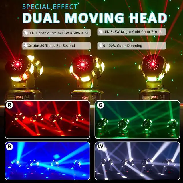 Alt view image 2 of 7 - LED Moving Head Dj Lights 8 LEDs DJ Lighting RGB Beam Rotating Stage Lights Strobe & Star Effect with Sound Activated DMX 512 for Party Concert Festival Show